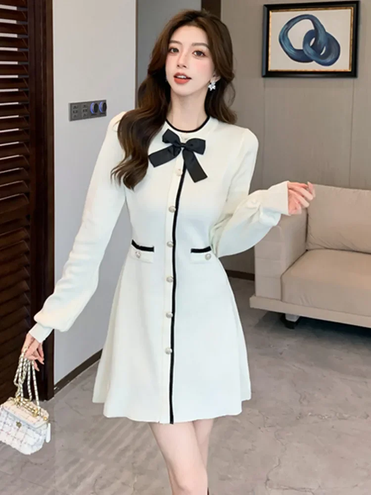 Осеннее вязаное платье с круглым вырезом и рукавами-фонариками свободное