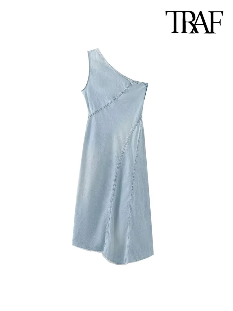 

Платье-миди женское джинсовое на одно плечо, без рукавов