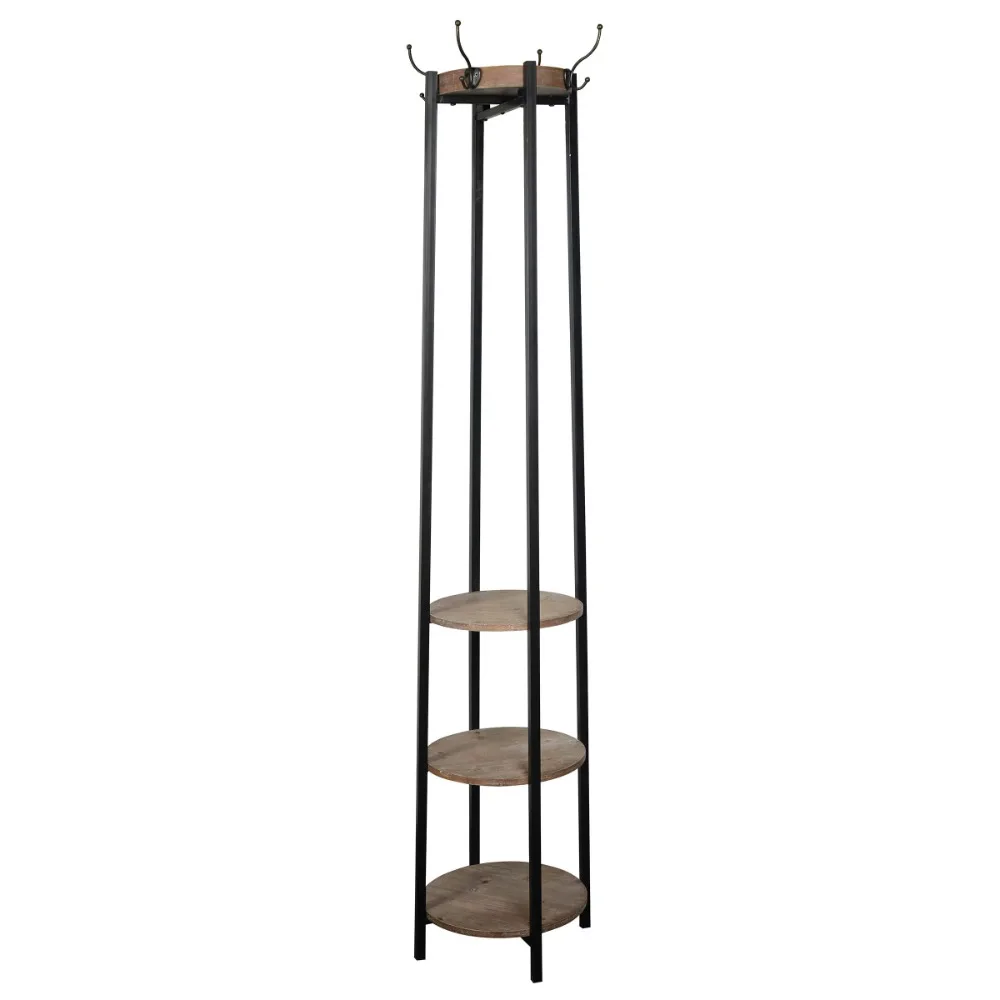 

Four Hook Clothes Rack with Three Shelves in Black Brown Finish