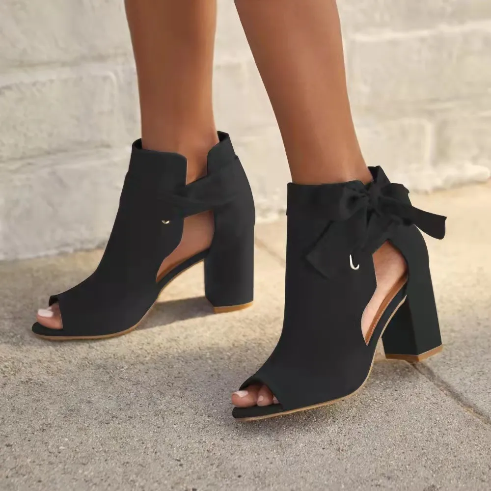 

New Women's Pumps 2022 Bow Elegant Peep Toe Ladies Buckle Strap Chunky Heel Sandals 36-43 Large-Sized Female Dress Party Shoes