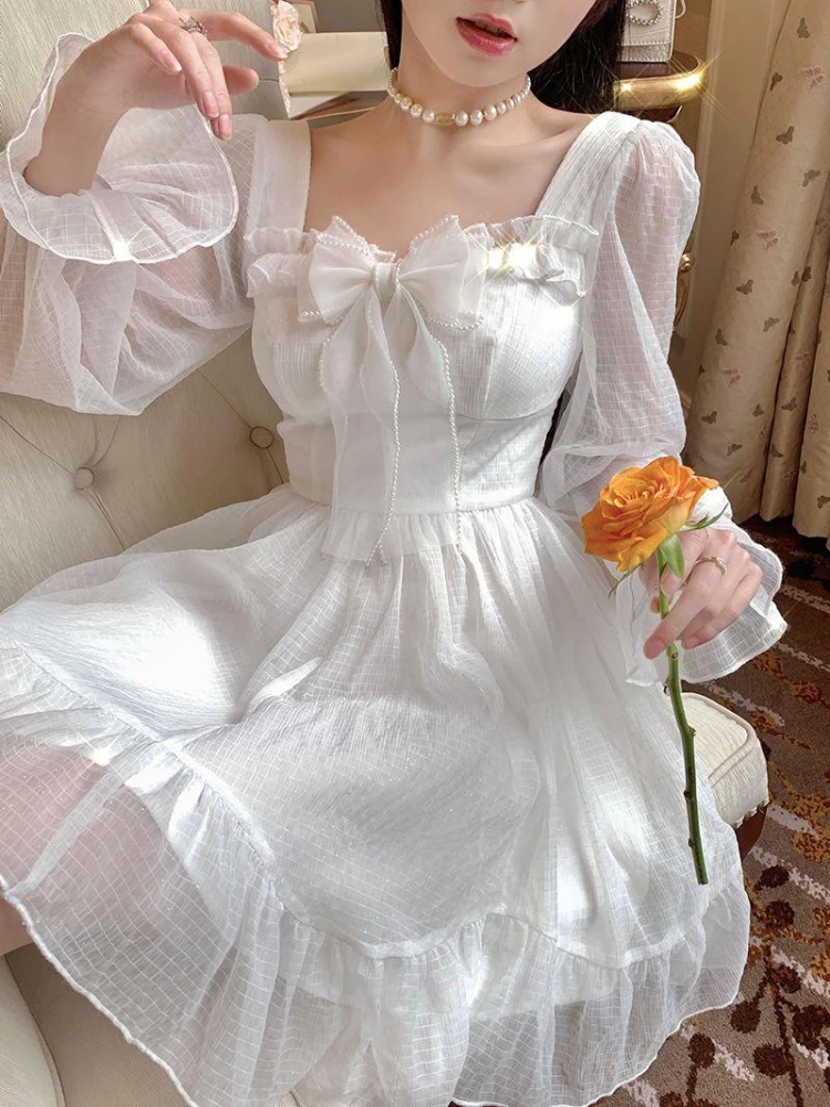 

Женское белое платье-Лолита Y2k, корейская мода, милое Сетчатое платье миди с оборками и расклешенными рукавами, официальное платье принцессы для выпускного вечера, Прямая поставка