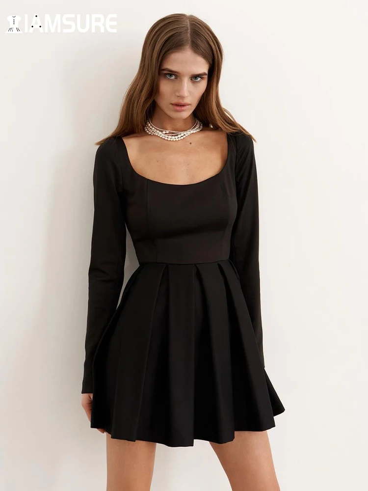 

IAMSURE Elegant Fashion Basic A-Line Dress Sexy Slim Solid O-Neck Long Sleeve Mini Dresses For Women 2022 Autumn Winter Ladies