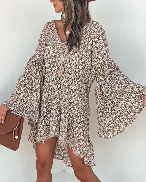 

Print Dress Women SummerSexy Small Bell Sleeve Fringe Casual Dress 2022 New Fashion Party Club Mini Dresses