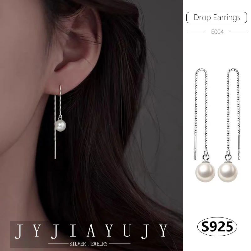 

JYJIAYUJY 100% Sterling Silver S925 Drop Ear Line Earrings Shell Pearls Different Size Fashion Hypoallergenic Jewelry Gift E004