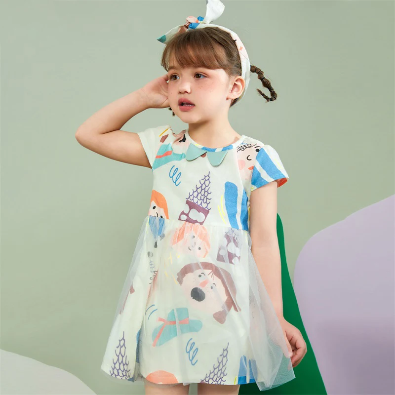 

Baby Girls Dresses 100% Cotton 2022 Summer Short Sleeve Dress Beige Cartoon Printed Gauze Cute 18M 7T Kids Kawaii Clothes 120cm