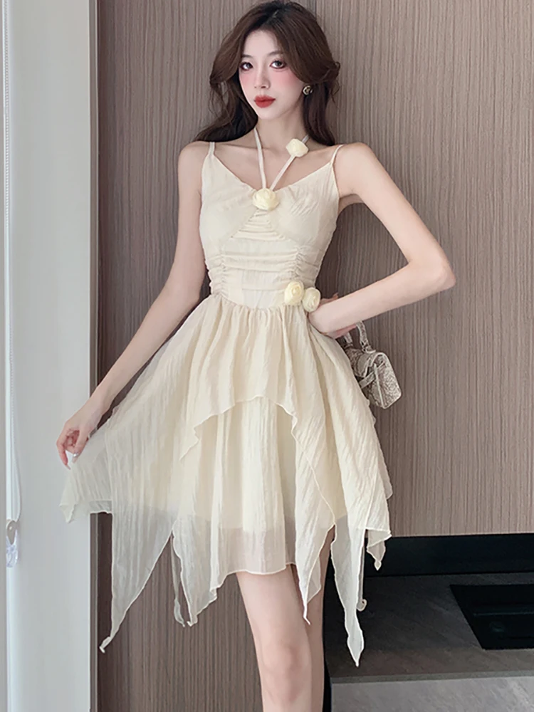 

Летнее белое шикарное пикантное мини-платье на бретельках с аппликацией, женское синее модное облегающее милое платье, корейское элегантное женское платье 2023
