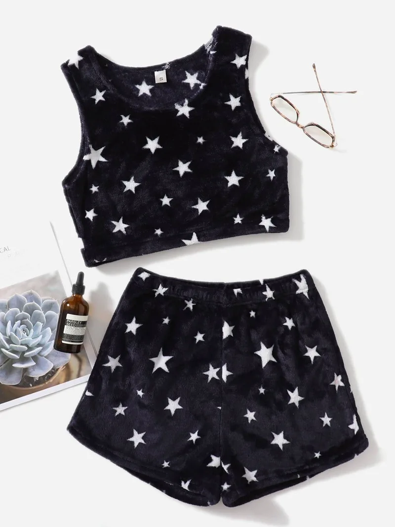 Autumn And Winter Embroidered Camisole Vest Shorts Female Cute Flannel Home Pajamas For Women Sexy Sleepwear