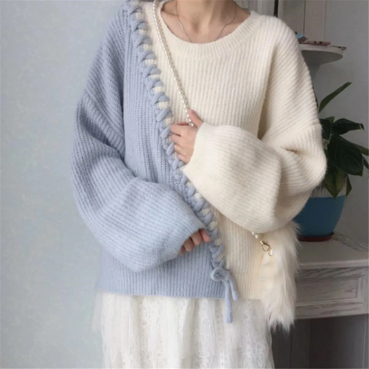 

Fashion Patchwork Tops Women White Blue Sweater Winter Clothes O-Neck Pullover Harajuku Sweater Gothic Loog Sleeve Sweaters