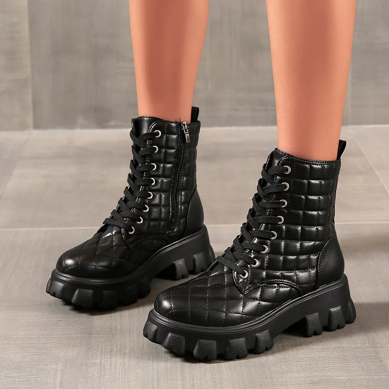 

Platform Boots for Women Autumn Winter Plaid Round Toe Ankle Boot Size 36-43 Fashion Ladies Keep Warm Shoes botas femininas 2022