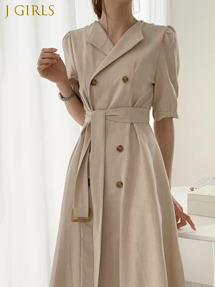 

J GIRLS Retro Fashion Office Woman'S Dresses Summer Dress Korean One Piece Puff Sleeve Lapel Double Breasted Belt A-Line Dress