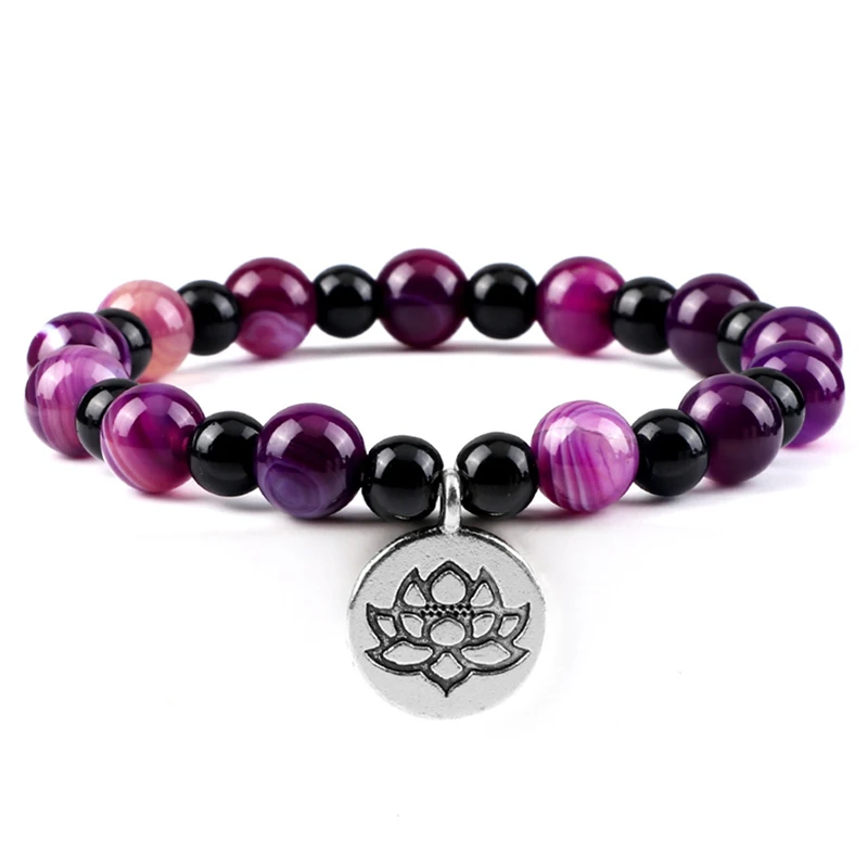 Женский браслет с натуральным камнем Lotus OM из фиолетового и зеленого агата Будда