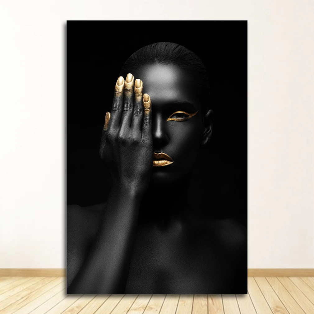 

Картина на холсте DHRM, современный стиль, черно-золотая, женщина, африканский мотив