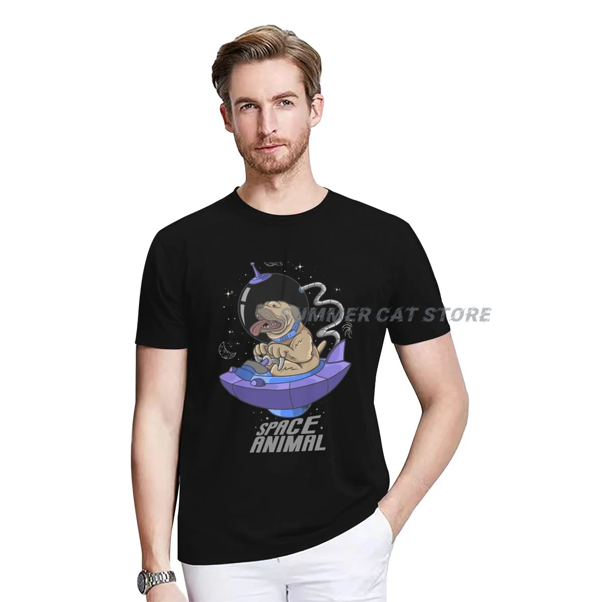 

Men's T-shirt Summer Cotton Cute Space Pug Dog Illustration O-neck Short Unisex Casual T-shirt