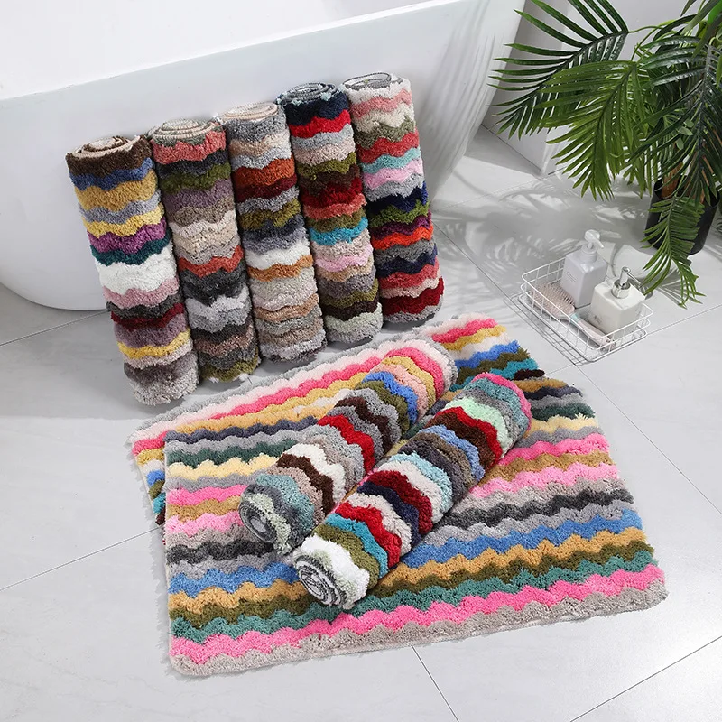 

Colorful Strips Bathroom Mat Anti-skid Bath Carpets Microfiber Doormat For Entrance Shower Room Toilet Bathtub Side Floor Rugs