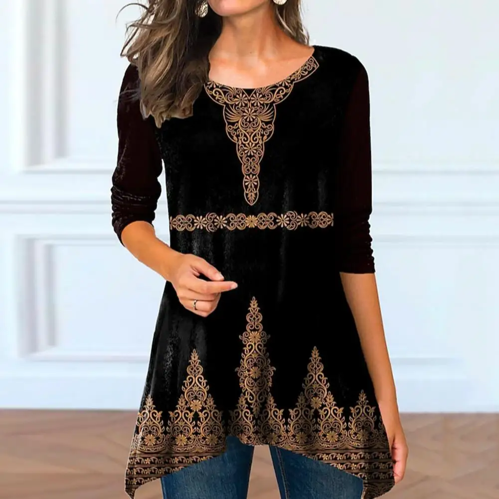 

Ladies Tee Top Long Sleeve Pullover Top Irregular Curved Hem T-shirt