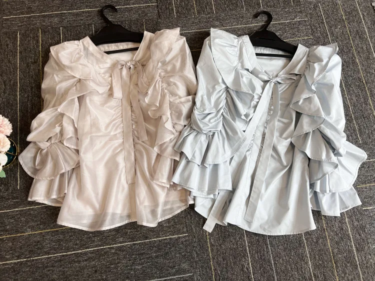 Kuzuwata 2024 Весенняя рубашка в японском стиле Блузы с оборками на шнуровке