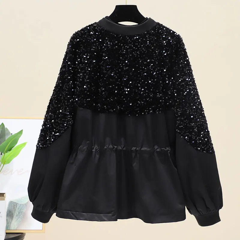 

In Stock 2022 Autumn Fashion Women's Long Sleeve High Street Sequin Patchwork Drawstring Coat Female Outwear Black Jacket
