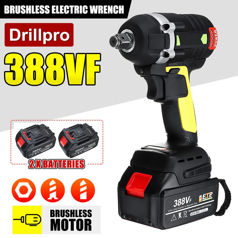 

388vf 520N.M Brushless Cordless Electric Impact Wrench 1/2 inch Power Tools 15000mAh Li Battery Compatible Makita 18V Battery