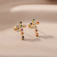 inlaid color small square zircon cross earrings for women stainless steel stud earrings femme jewelry accessories gift