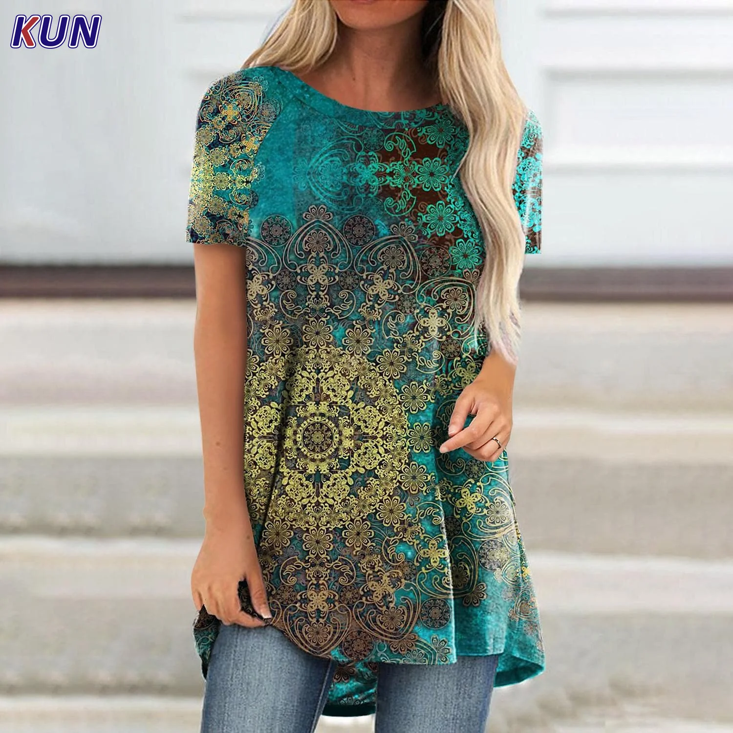 

2022 Summer Women's T-Shirt Graphic Colorblock Geometric Print Short Sleeve T-Shirt Crew Neck Basic Vintage Boho Top /3D Print