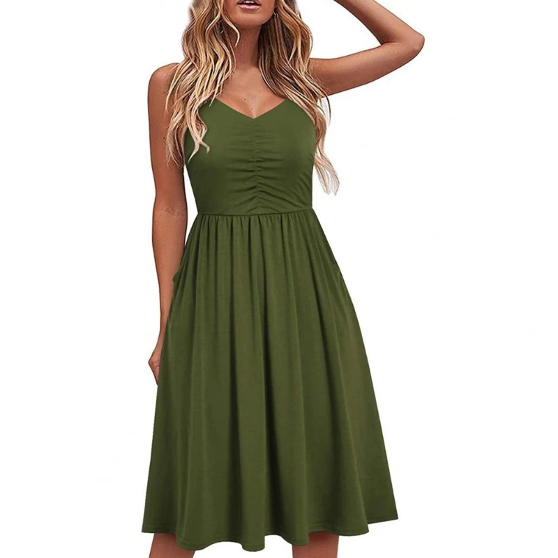

Women Dress Low Neck Pleated Middle Length Ladies Sleeveless Dress for Dating