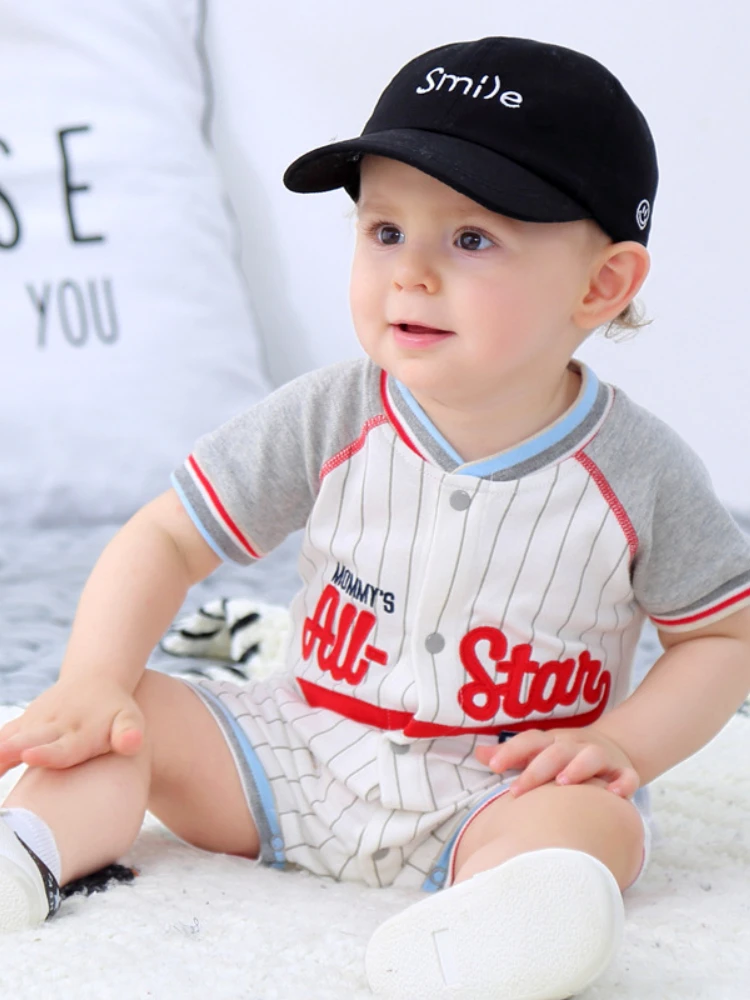 

Ins Newborn Baby Boy Fashion Children's Clothing Summer One-Piece Short-Sleeved Thin Section Interesting Baseball Uniform