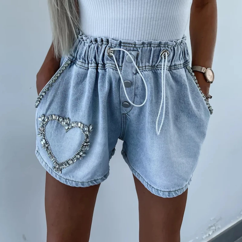 2023 New Y2k Fashion Rhinestone Diamond Denim Shorts Female Streetwear Summer Casual Shorts