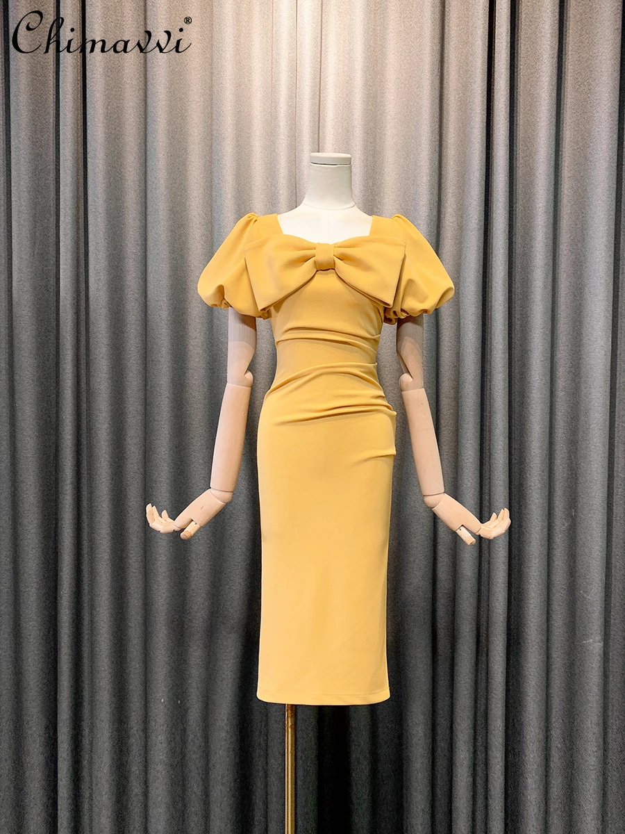 

Fashion Graceful Bow Puff Sleeve Mid-length Dress 2022 Summer New High Waist Slimming Sheath Temperament Split Dress for Women