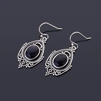 silver earrings fashion retro texture large oval 8x10mm blue sandstone earrings wedding party silver jewelri