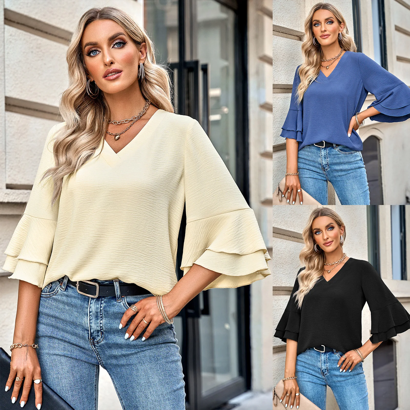 

Fashion 2023 spring and summer Europe and America new style solid color loose V-neck ruffle sleeve top women's wear