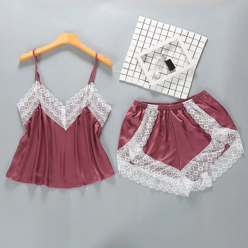 Women's Sleepwear 2 Pcs Silk Sling Sleeveless Polka Dots Top and Shorts Pajamas Set
