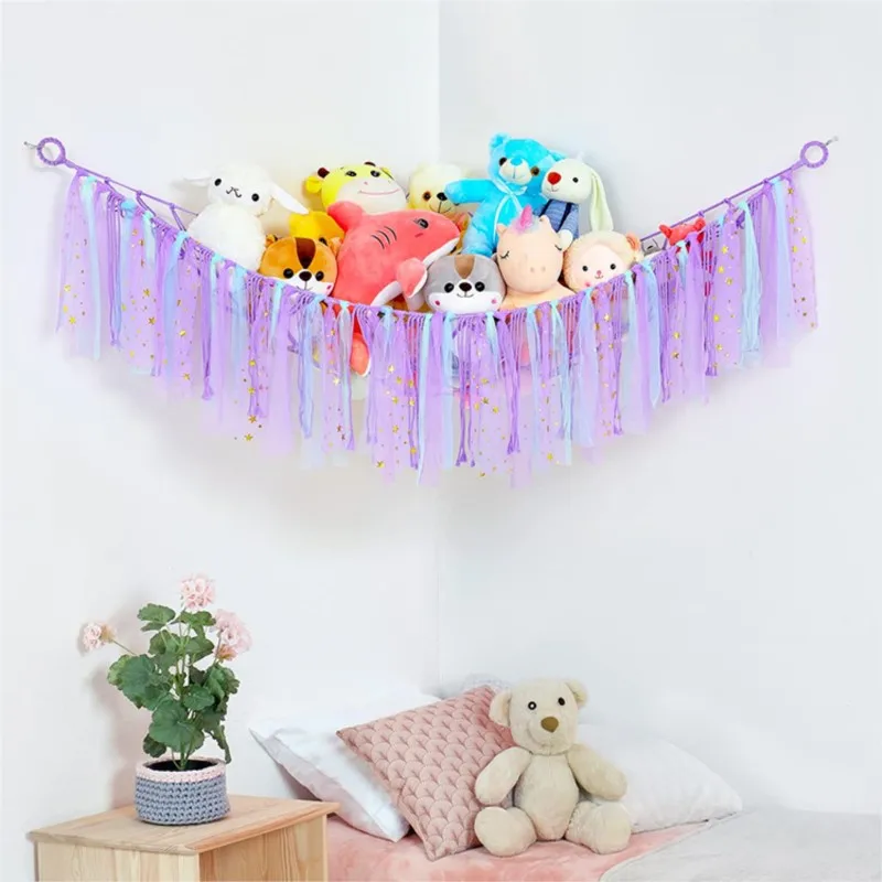 

Baby Kids Toy Hammocks Wall Corner Hanging Storage Net Organizer Stuffed Animal Hammock Woven Cotton Rope Mesh Bag For Home
