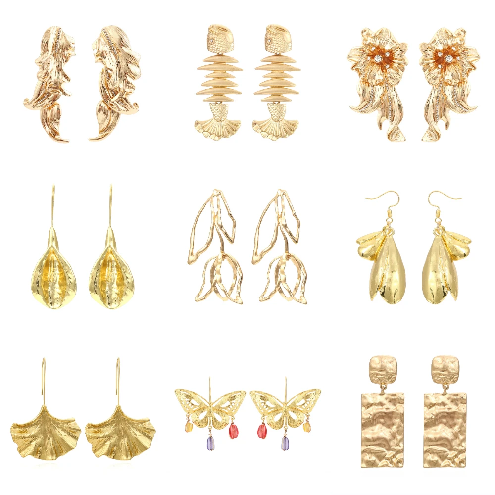 

Za All Gold Metal Flower Dangle Earrings for Women Retro Maxi Leaf Pendant Earrings Wedding Butterfly Square Hanging Ear Jewelry