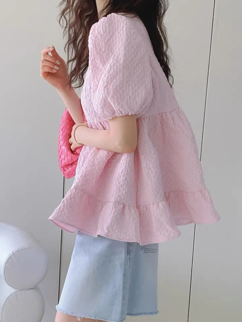 

Blusas Mujer De Moda Sweet Gentle Loose Korean Summer Fashion Round Puff Short Sleeve Pink Blouse Women Wild White Doll Tops