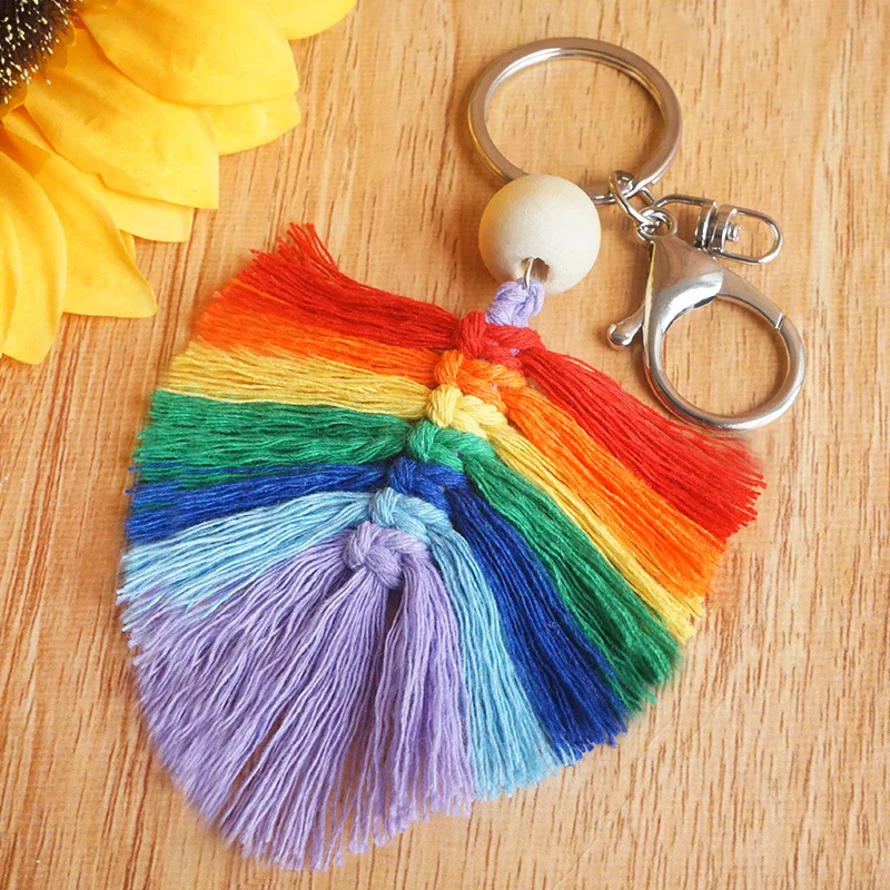 

Home Decor Wooden Beads Rainbow Tassel Hand-woven Keychain Gifts For Family Friends