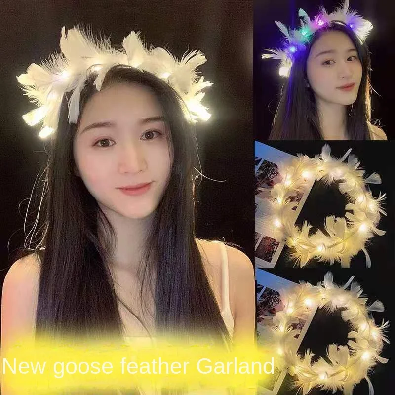 

New Girl's Crown Headband Glow Goose Feather Wreath Feather Angel Flash Headdress Birthday Party Gift