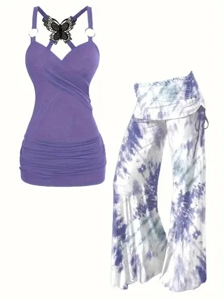 Плюс размер кружево-бабочка на шнурке облегающий лоскутный топ широкие брюки с