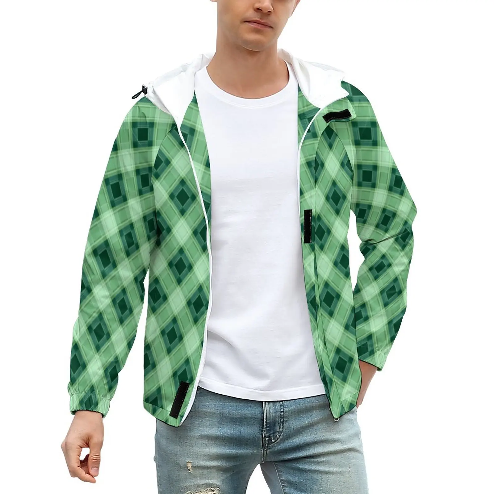 

Мужская Осенняя клетчатая ветровка с капюшоном, с абстрактным геометрическим принтом