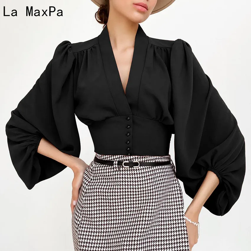 French Style Woman Shirt Fashion Button-up V Neck Lantern Sleeves Slim Waist Fashion Blouse Office Lady Outwear Tops