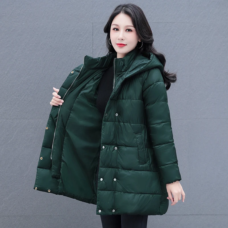 Female 2022 New Korean Winter Women's Thickened Casual Cotton Coat Versatile Fashion Mid Length Hooded Warm Cotton Jacket