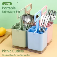 24pcs picnic cutlery set stainless steel tableware knife fork spoon gold cutlery portable wheat straw case camping tableware set