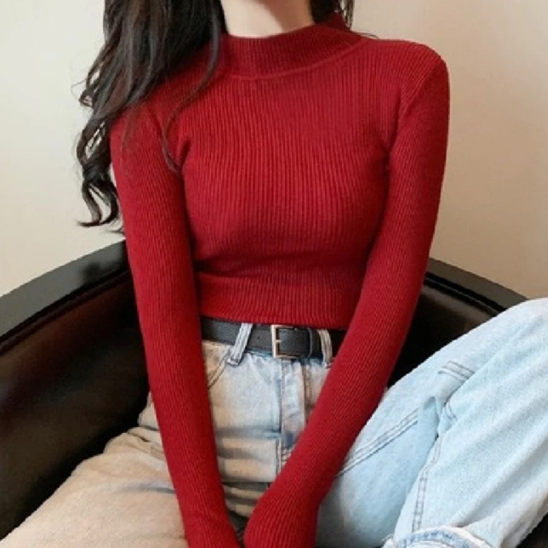 Women's Sweater Turtleneck Winter Sweaters Vintage Solid Half High Collar Base Knitted Sweater Korean Style Pullover