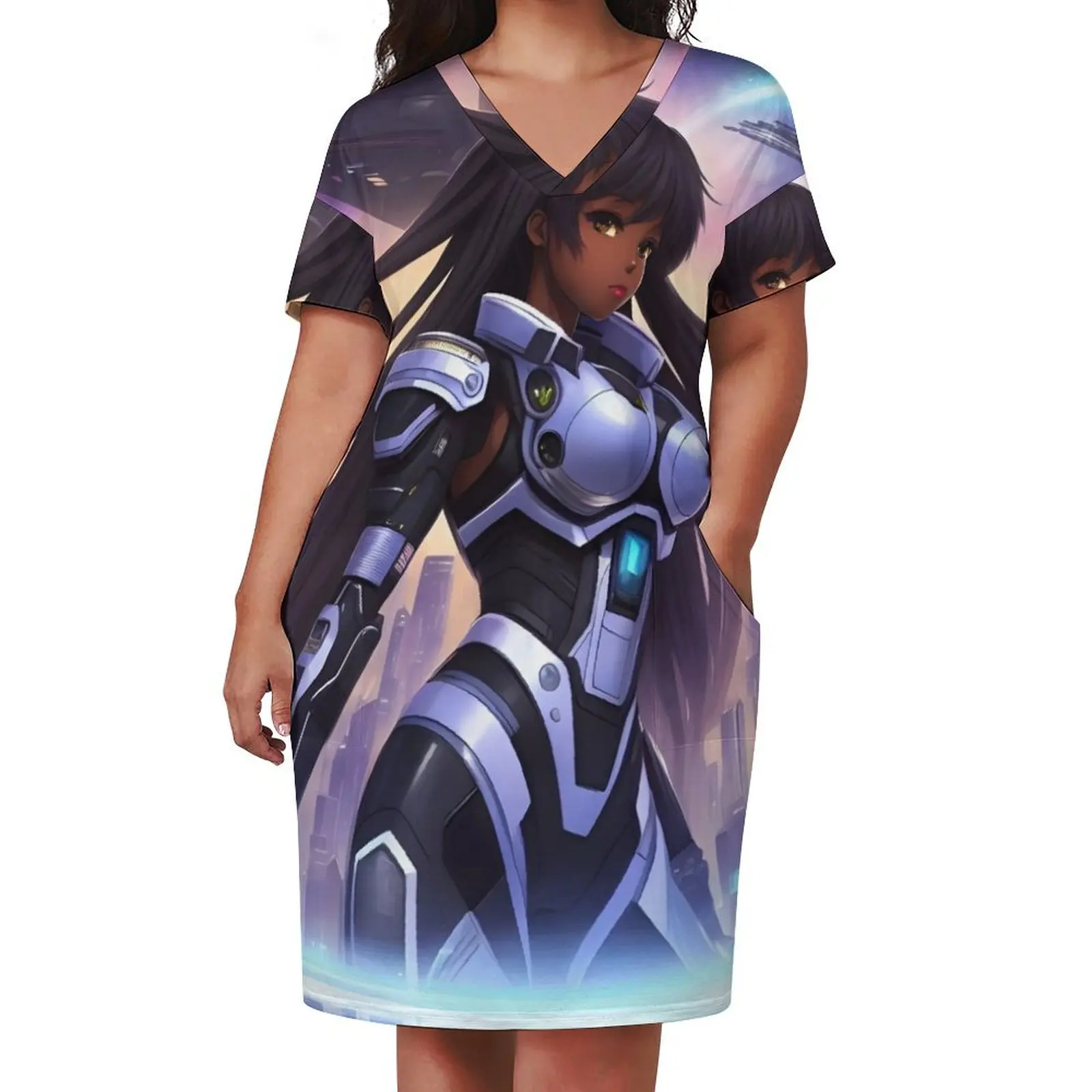 Final Frontier Gworl черное аниме девушка свободное платье с карманами длинными рукавами