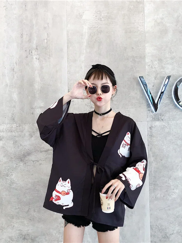Woherb 2024 летняя милая блузка-кимоно с принтом мультяшного кота Блузы большого