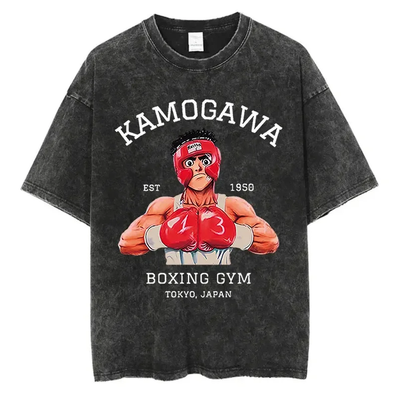 Фото Винтажная хлопковая стираная футболка аниме Hajime No Ippo Kamogawa Boxing Gym Свободные футболки для мужчин и женщин Y2K Хип-хоп Летняя футболка №1