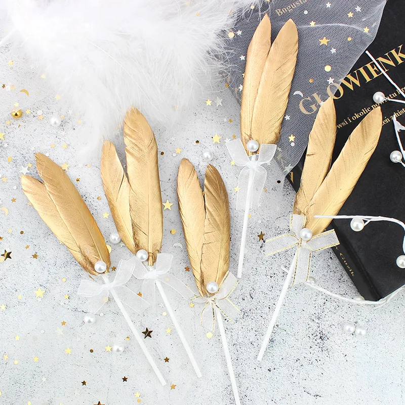 

5Pcs Angel Gold Feather Wing Flag Cake Toppers For Wedding Birthday Party Baking Dessert Valentine's Day Top Decoration Supplies