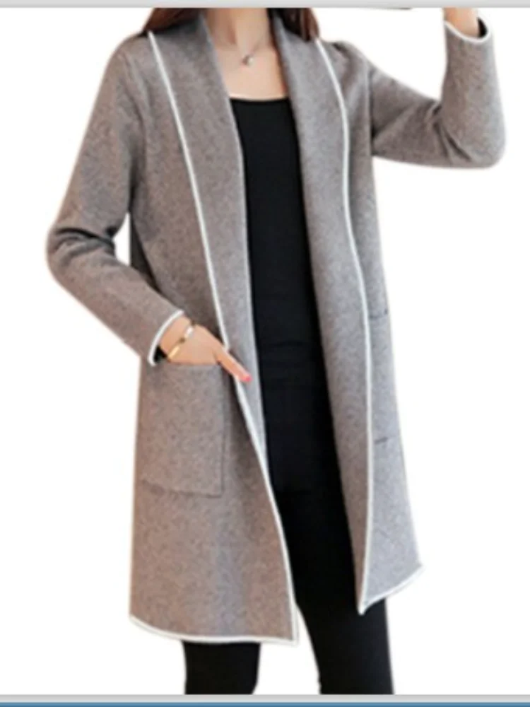 2022 Women Lapel Casual Solid Color Plus Velvet Jacket Long Sleeve Loose Cardigan Warm Long Fleece Coat Cardigan Women  Sweater