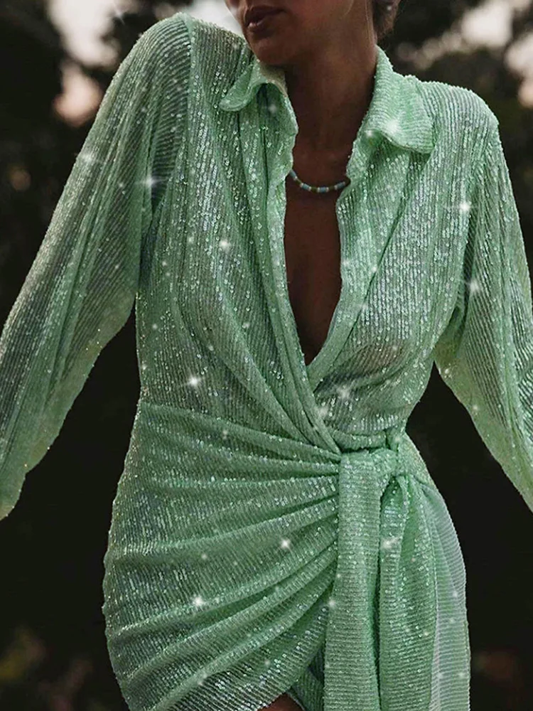 Women Sexy Short Shirtskirt 2023 New Sequins See Through Deep V-neck Long Sleeve Dress Fashion Slim Waist Bandage Party Dresses