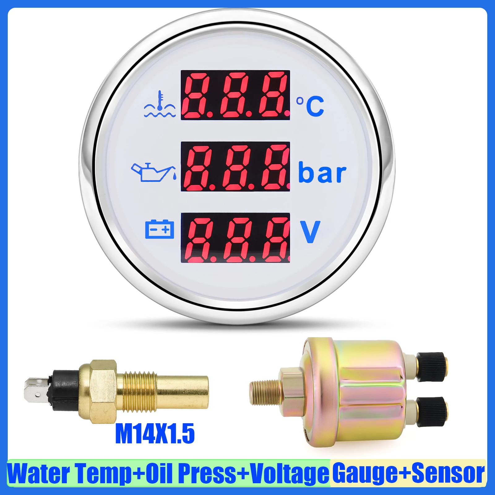 Автомобильный датчик 3 в 1, 52 мм, датчик температуры воды + давление масла + вольт с сигнализацией, красный светодиод, цифровой датчик температуры воды + датчик 12 В 24 В на заказ