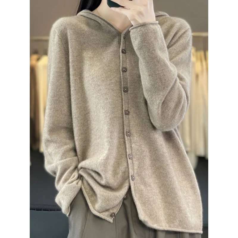 

Новинка Осень-зима 2023, готовая одежда с линией спереди, шерстяной кардиган с капюшоном, женский свободный свитер, толстовка, вязаное пальто для женщин